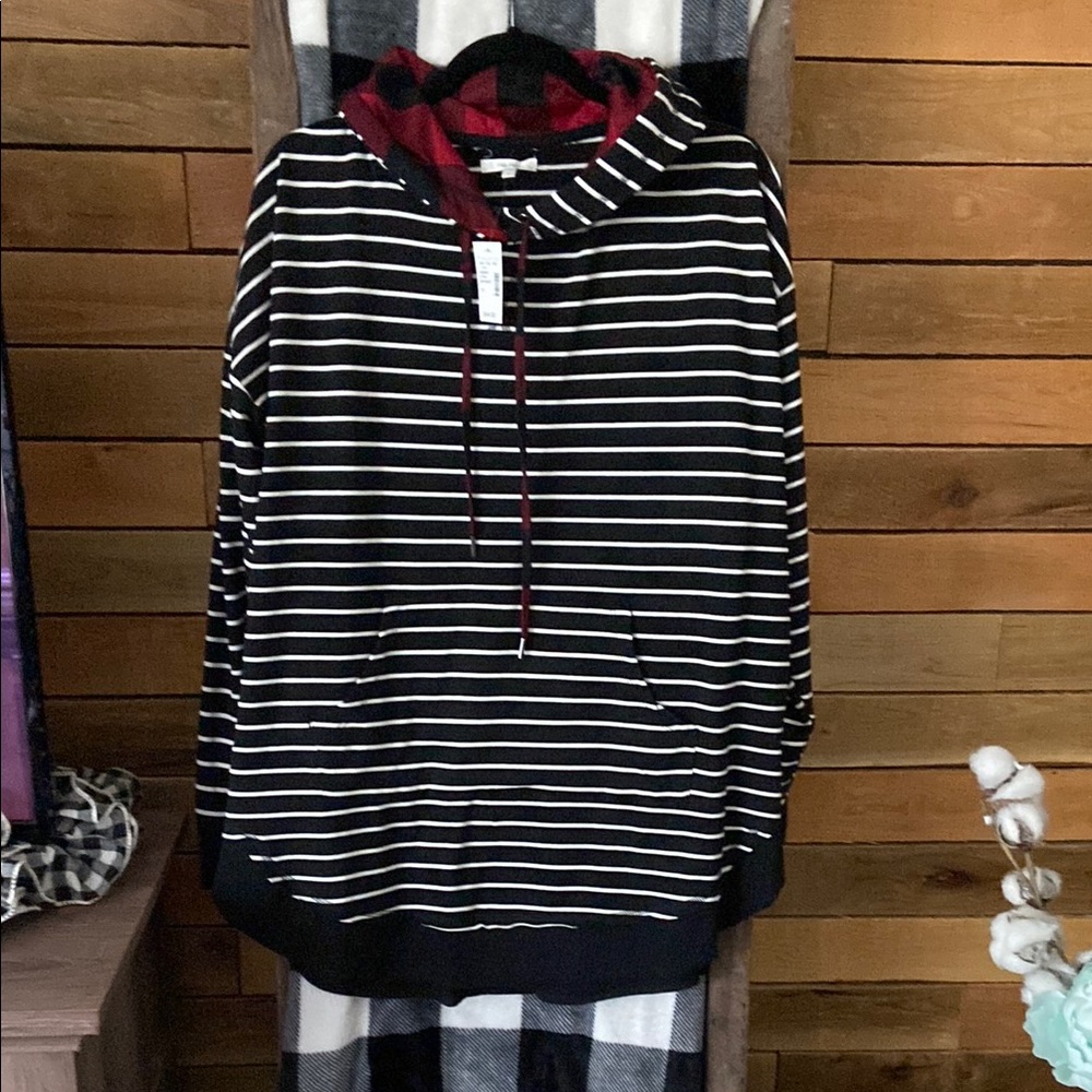 Maurices Black and White Striped Hoodie with Red Plaid Lining